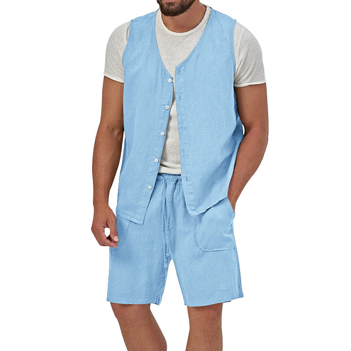 Men's two-piece leisure set with sleeveless button vest and wide drawstring shorts with patch pockets StylebySassy