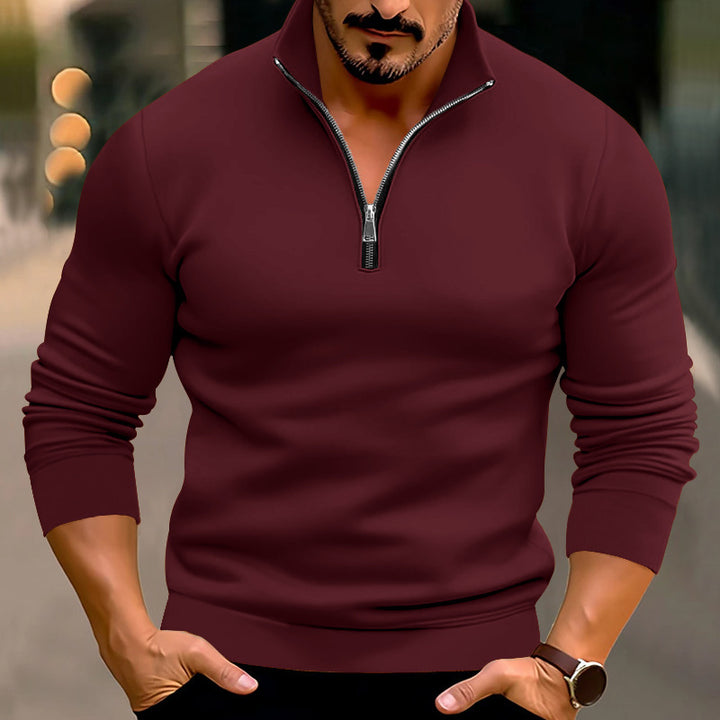 Men's fitted fine knit pullover with short zipper and stand-up collar StylebySassy
