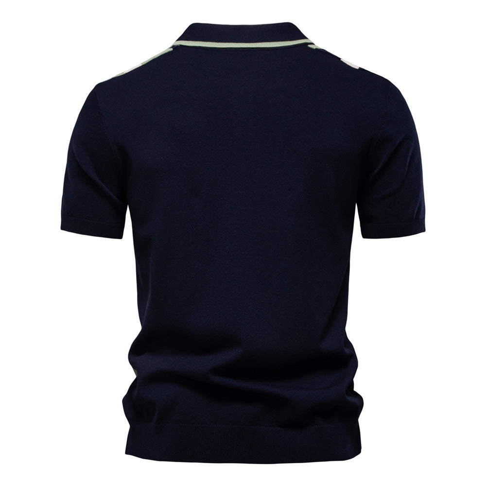 Men's retro-inspired knit polo with vertical intarsia structure and open kent collar StylebySassy