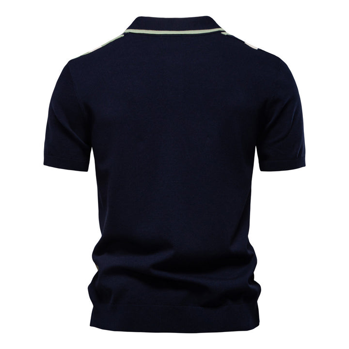 Men's retro-inspired knit polo with vertical intarsia structure and open kent collar StylebySassy