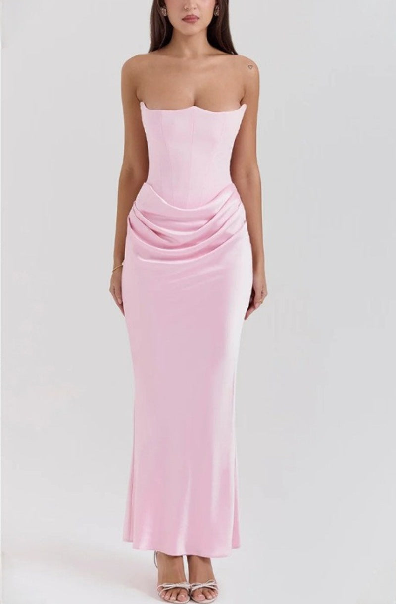 Women's strapless corset evening dress with contoured bodice construction and elegant hip draping StylebySassy
