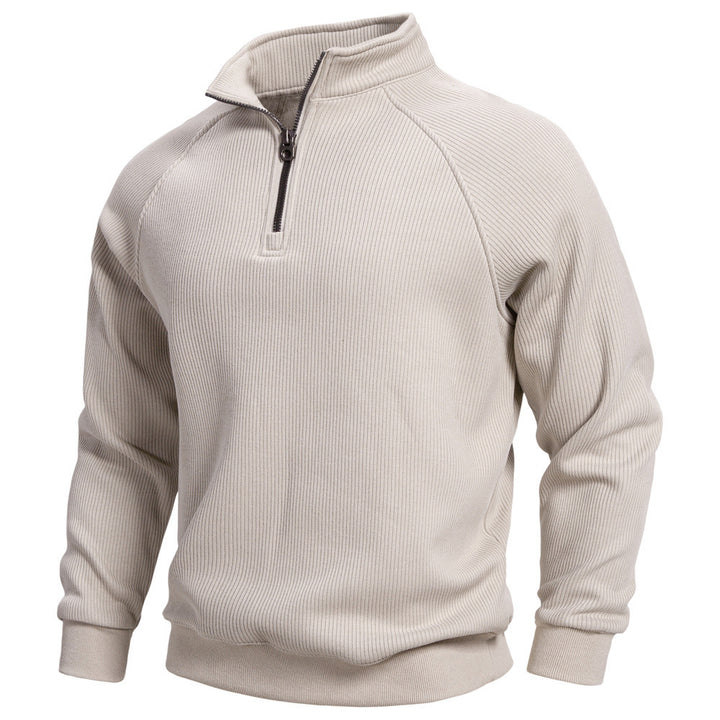 Men's fine ribbed half-zip pullover with stand-up collar, raglan sleeves, and elastic cuffs StylebySassy