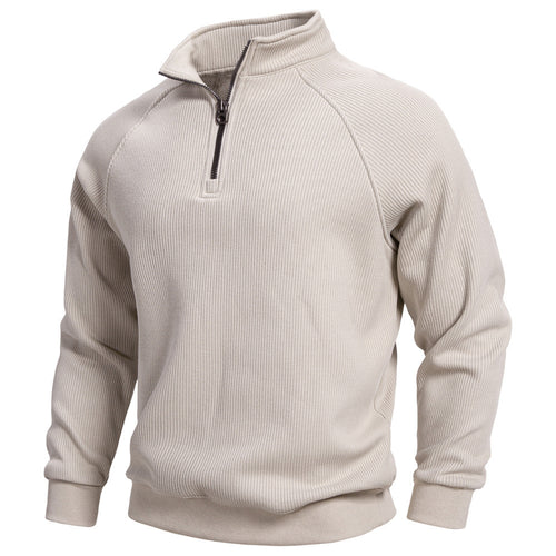 Men's fine ribbed half-zip pullover with stand-up collar, raglan sleeves, and elastic cuffs StylebySassy