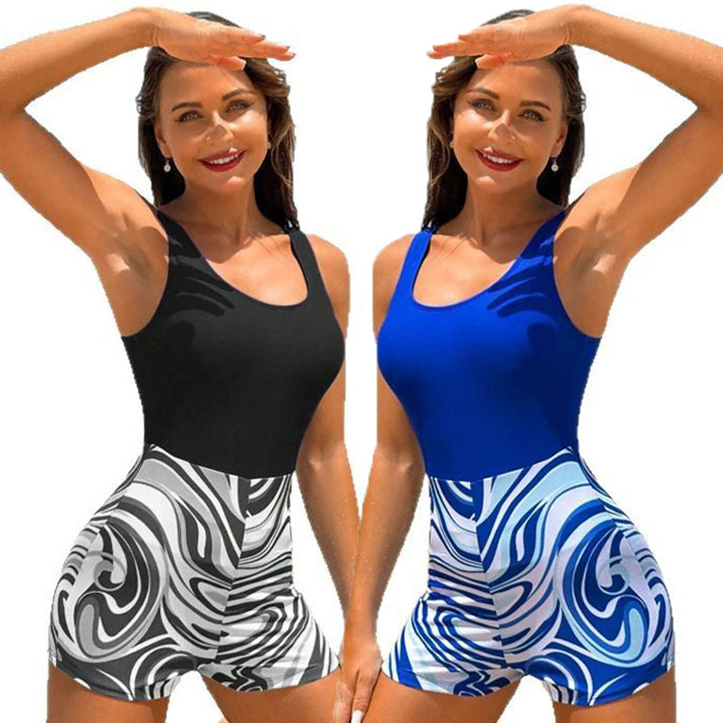 Women's Sporty One-Piece Swimsuit with Fashionable Wave Pattern StylebySassy