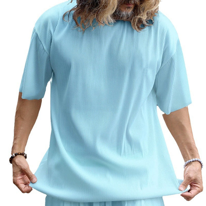 Men's modern ribbed leisure set with wide short-sleeve shirt and elastic drawstring pants StylebySassy