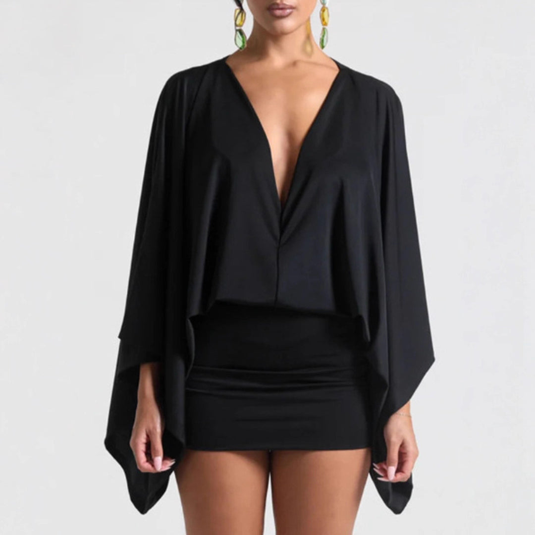 Women nan cape mini dress with deep V-neck, batwing sleeves and tailored mini skirt StylebySassy