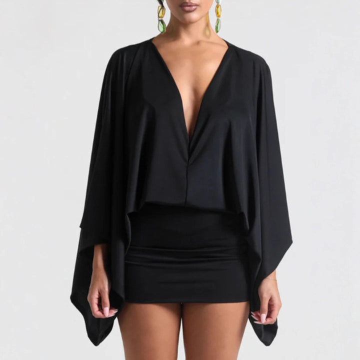 Women nan cape mini dress with deep V-neck, batwing sleeves and tailored mini skirt StylebySassy