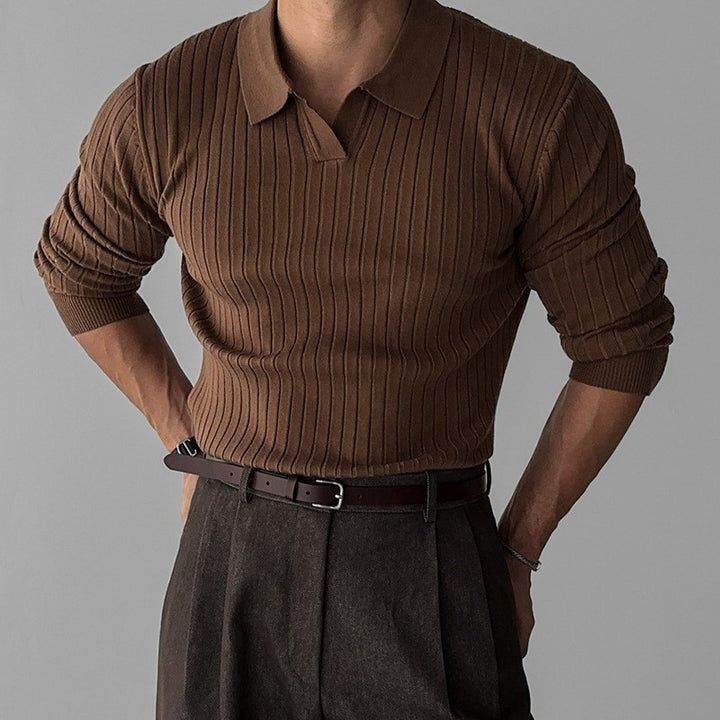 Men's fitted ribbed polo sweater with open V-neck and slim fit StylebySassy