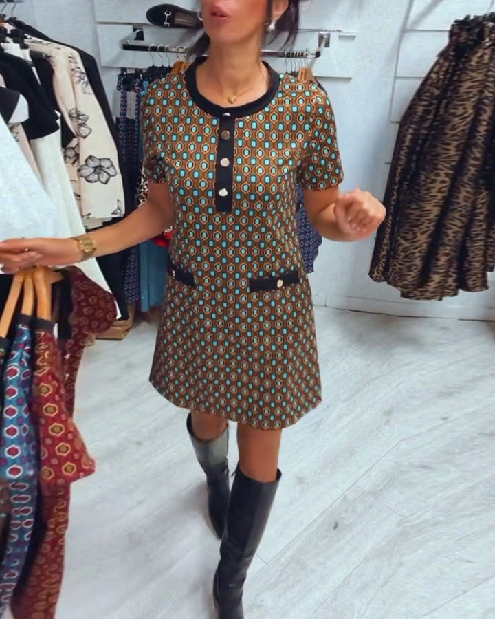 Women's Retro A-Line Mini Dress with Geometric Pattern, Contrast Trim and Decorative Pocket Detail StylebySassy