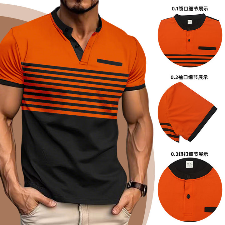 Men's short-sleeved Henley top with short button placket, chest piping, and block stripes StylebySassy