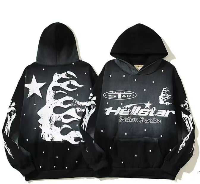 Unisex oversized hoodie with large flame and star print as well as kangaroo pocket StylebySassy