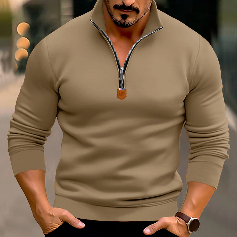 Men's narrow cut fine knit pullover with short zipper, shaping seams, and stretch waistband StylebySassy