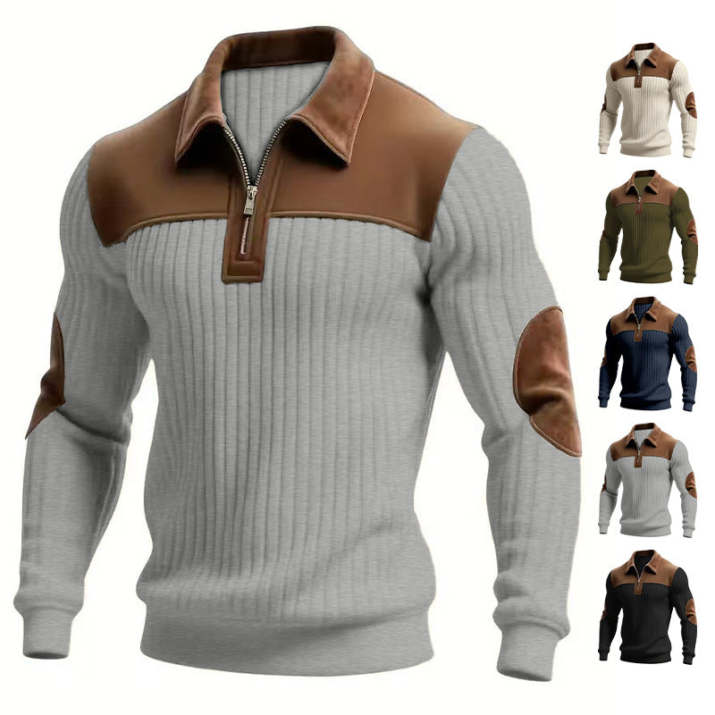 Men's ribbed half-zip pullover with contrasting leather appliqués on shoulders and elbows StylebySassy