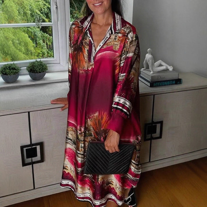 Women's blouse dress in silk look, kaftan style, with an illustrative coastal print StylebySassy