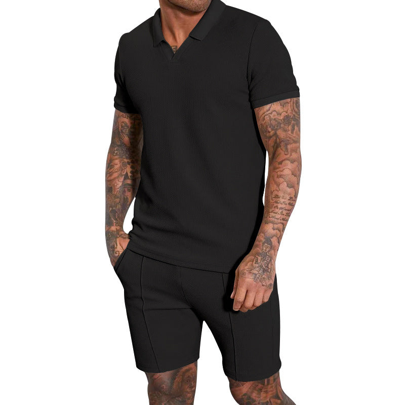 Men's short-sleeved half-collar knit set with fine waffle structure and straight-cut shorts StylebySassy
