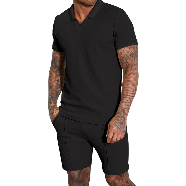 Men's short-sleeved half-collar knit set with fine waffle structure and straight-cut shorts StylebySassy