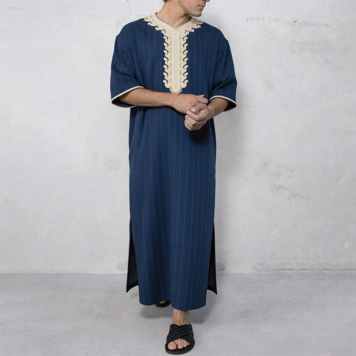 Men's striped Djellaba with decorative chest embroidery and side slit StylebySassy