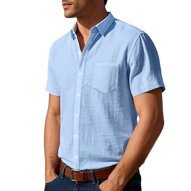 Men's short-sleeved cotton-linen casual shirt with Kent collar, chest pocket, and continuous button placket StylebySassy