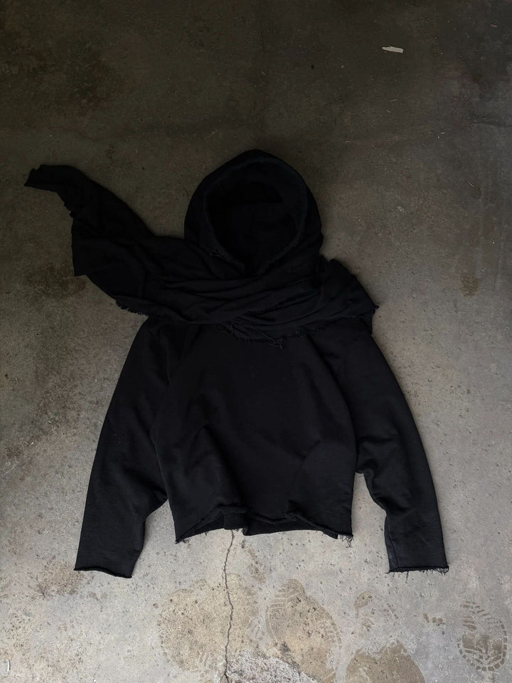 Unisex hooded pullover in usage marks style with attached tube scarf and frayed openings StylebySassy