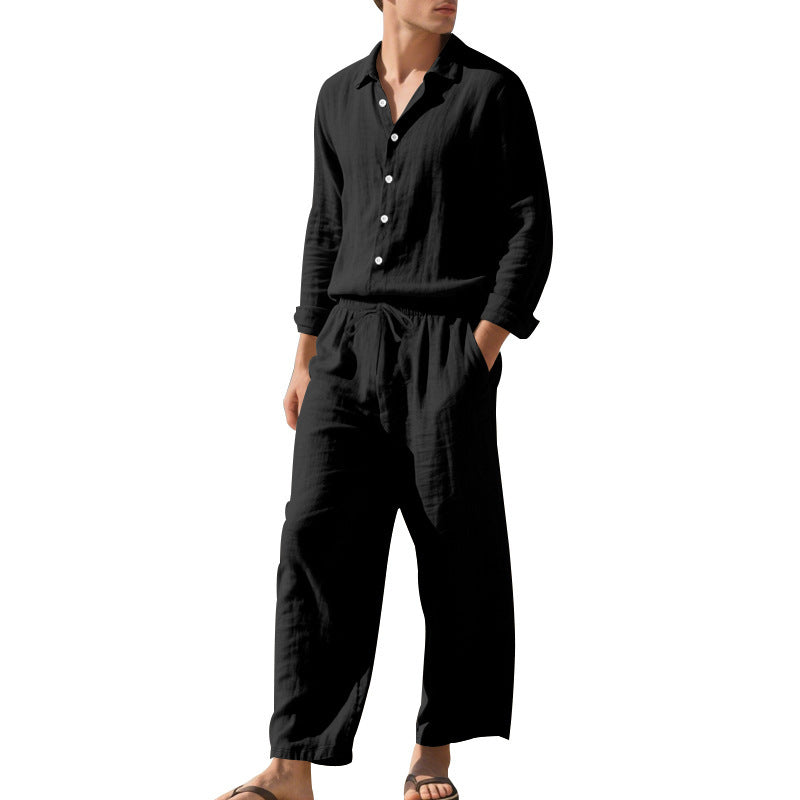 Men's relaxed linen set with open shirt collar and loose drawstring pants StylebySassy