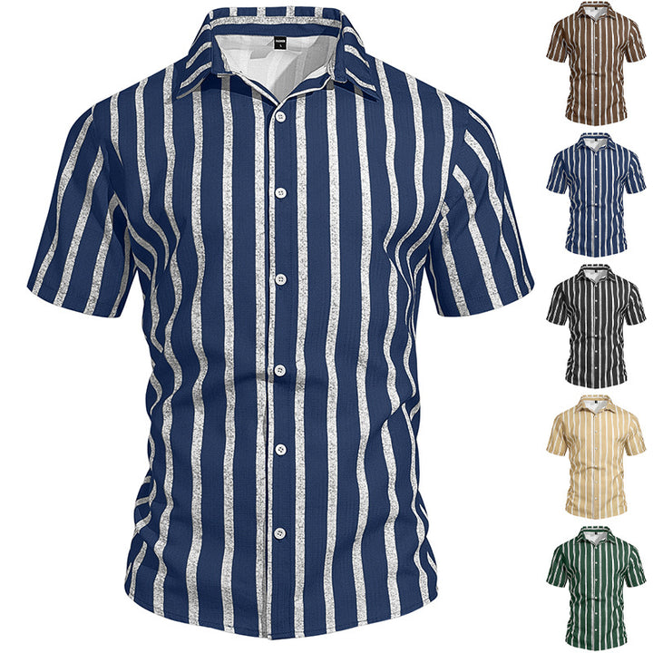 Men's casual short sleeve shirt with vertical block stripes, open lapel collar, and lightweight cotton-linen blend StylebySassy