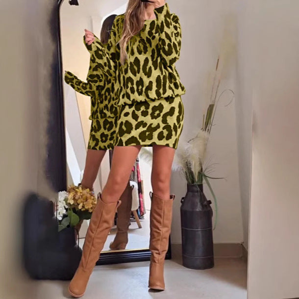 Women's cozy knitted two-piece set with loose round neck sweater and high-waisted mini skirt in animal print StylebySassy