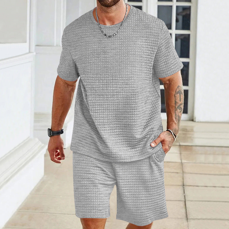 Men's waffle structure lounge and leisure set with wide-cut short-sleeve shirt and shorts with elastic waistband StylebySassy