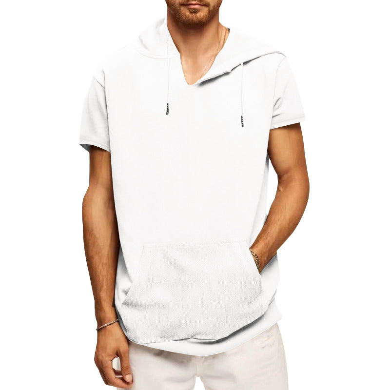 Men's casual short-sleeve hoodie shirt in a loose fit with kangaroo pocket and drawstring StylebySassy