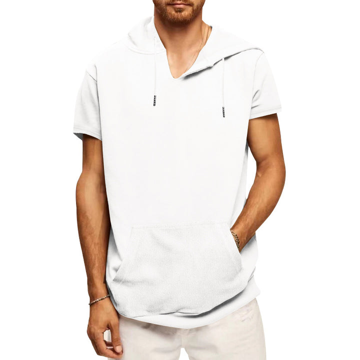 Men's casual short-sleeve hoodie shirt in a loose fit with kangaroo pocket and drawstring StylebySassy