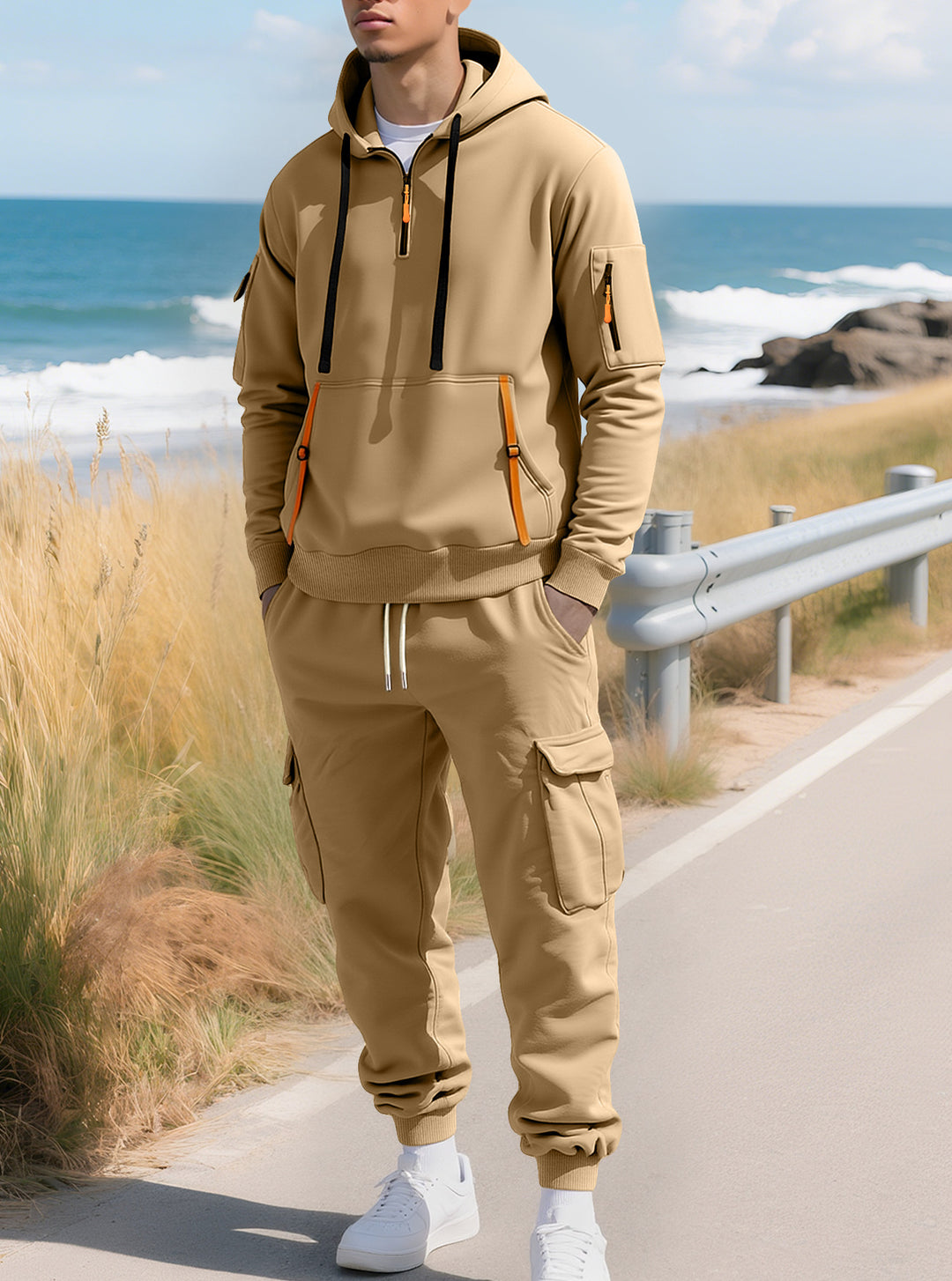 Men's casual half-zip hoodie with kangaroo pocket and cargo jogging pants with zipper details StylebySassy