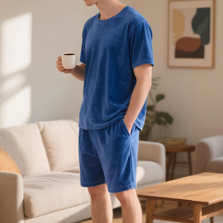 Men's velour lounge set with round neck short sleeve shirt and drawstring shorts StylebySassy