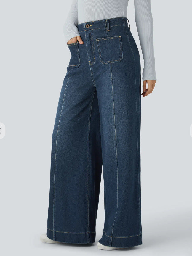 Women's high-waisted wide jeans pants with patch front pockets and vertical decorative seam StylebySassy
