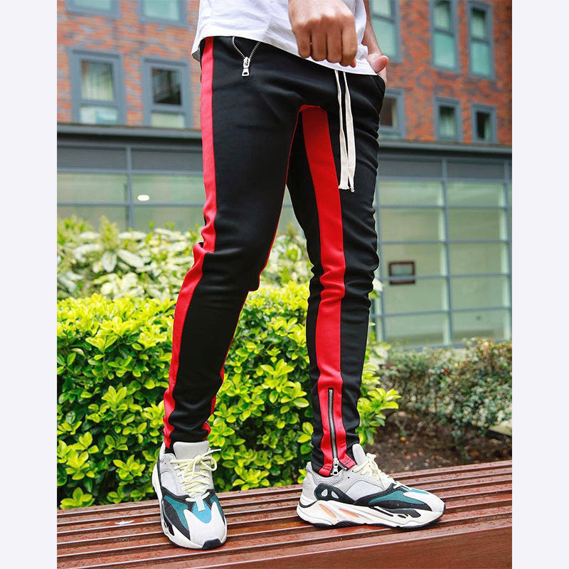Men's narrow jogging pants with side contrast stripe, drawstring and ankle zipper StylebySassy