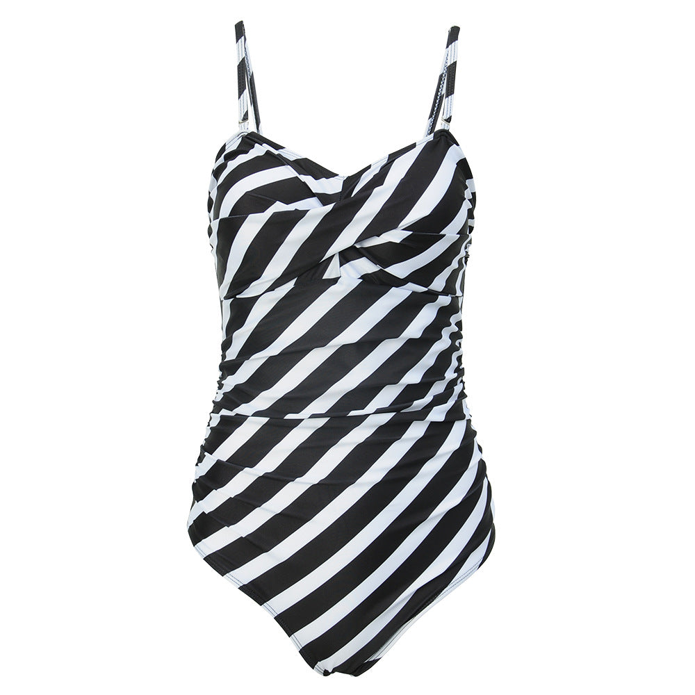 Women One-Piece Wrap Swimsuit with Striped Pattern StylebySassy