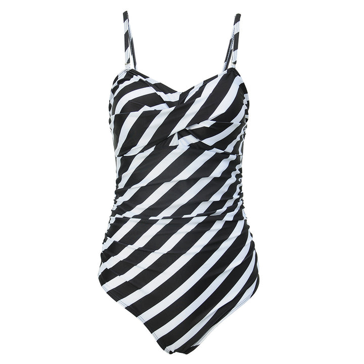 Women One-Piece Wrap Swimsuit with Striped Pattern StylebySassy