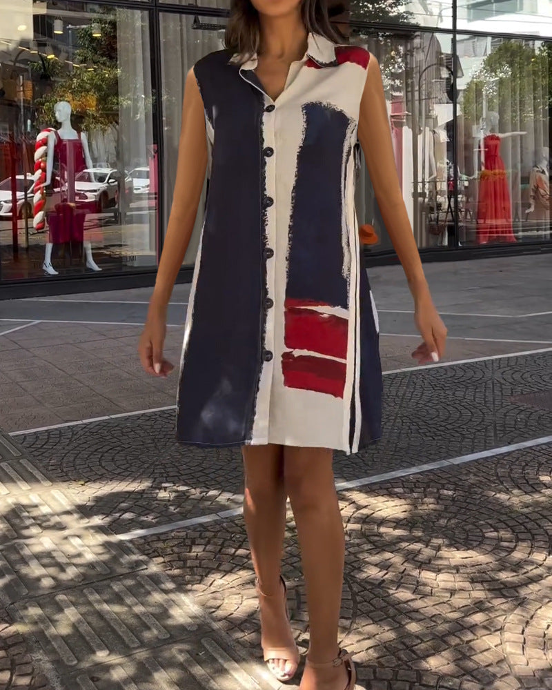 Women's sleeveless shirt tunic dress with collar, full button placket and graphic block print StylebySassy