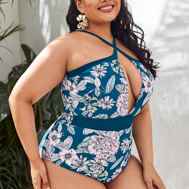 Women’s Sporty Swimsuit with Deep V-Neck and Floral Design StylebySassy