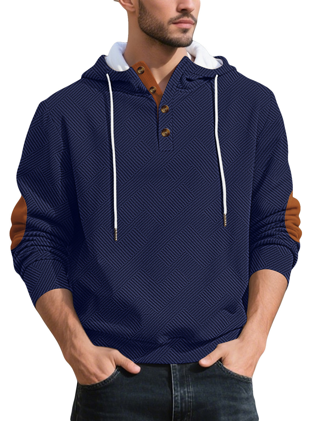 Men's structured hoodie henley pullover with jacquard texture, button placket, and elbow patches StylebySassy