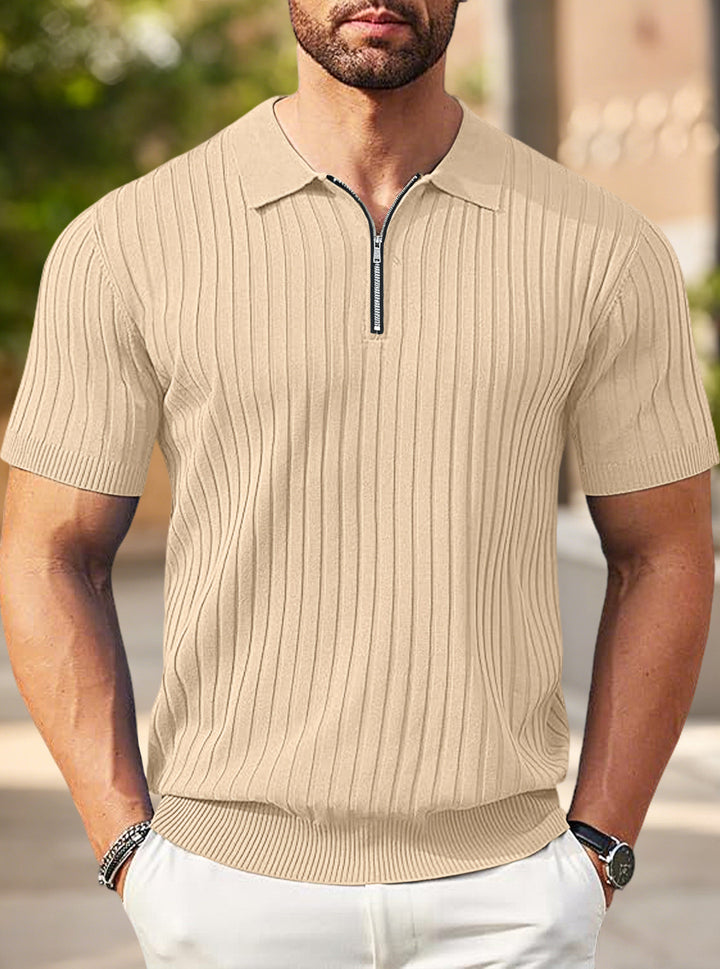 Men's elegant structured short sleeve knit polo with short metal zipper and shirt collar StylebySassy