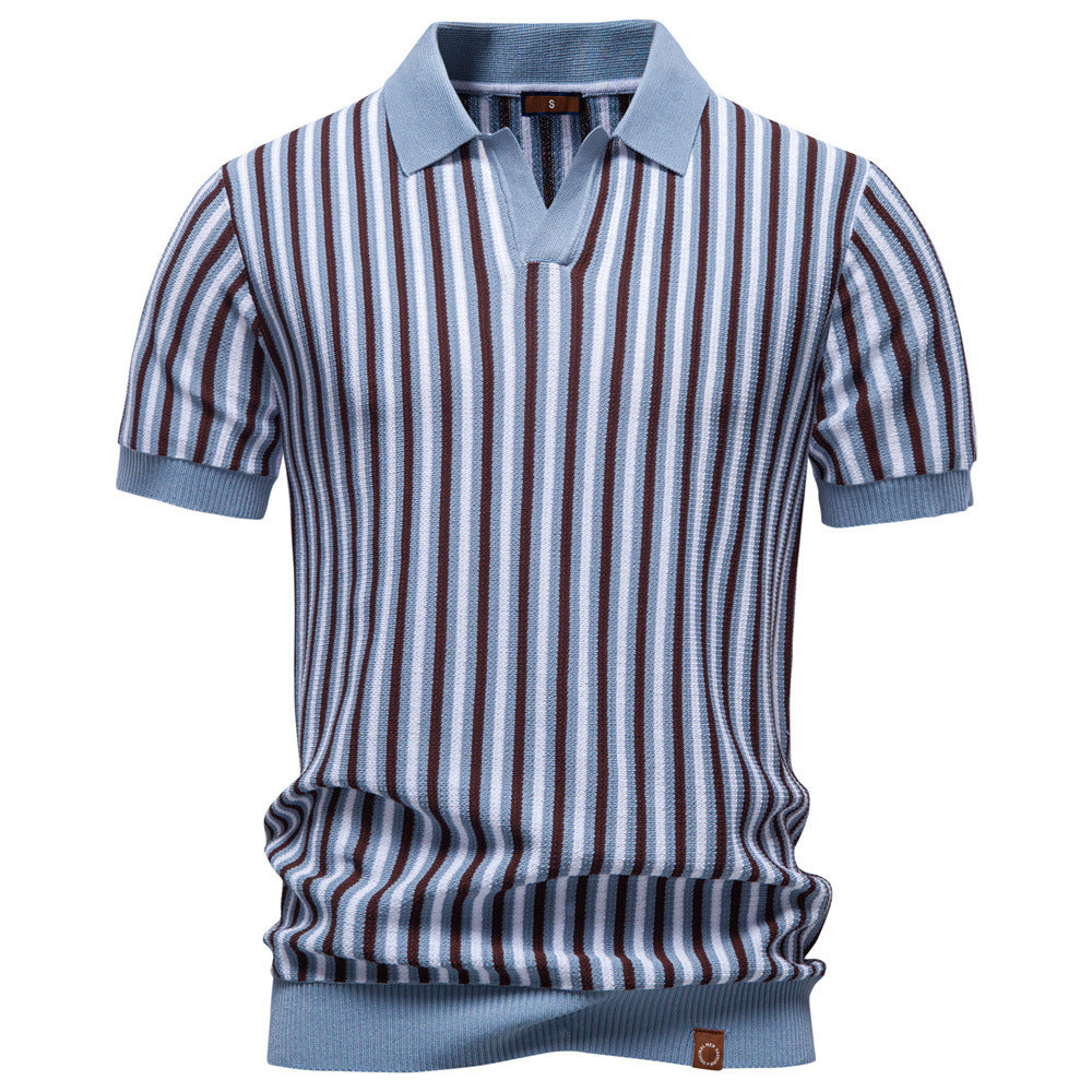 Men's striped knit polo shirt short sleeve made of fine cotton blend with polo collar and ribbed cuffs StylebySassy