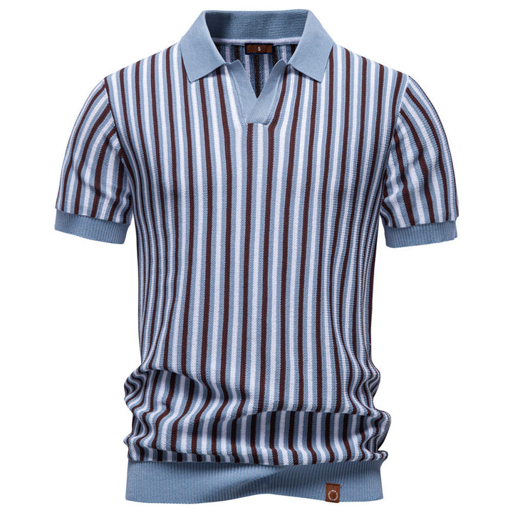 Men's striped knit polo shirt short sleeve made of fine cotton blend with polo collar and ribbed cuffs StylebySassy