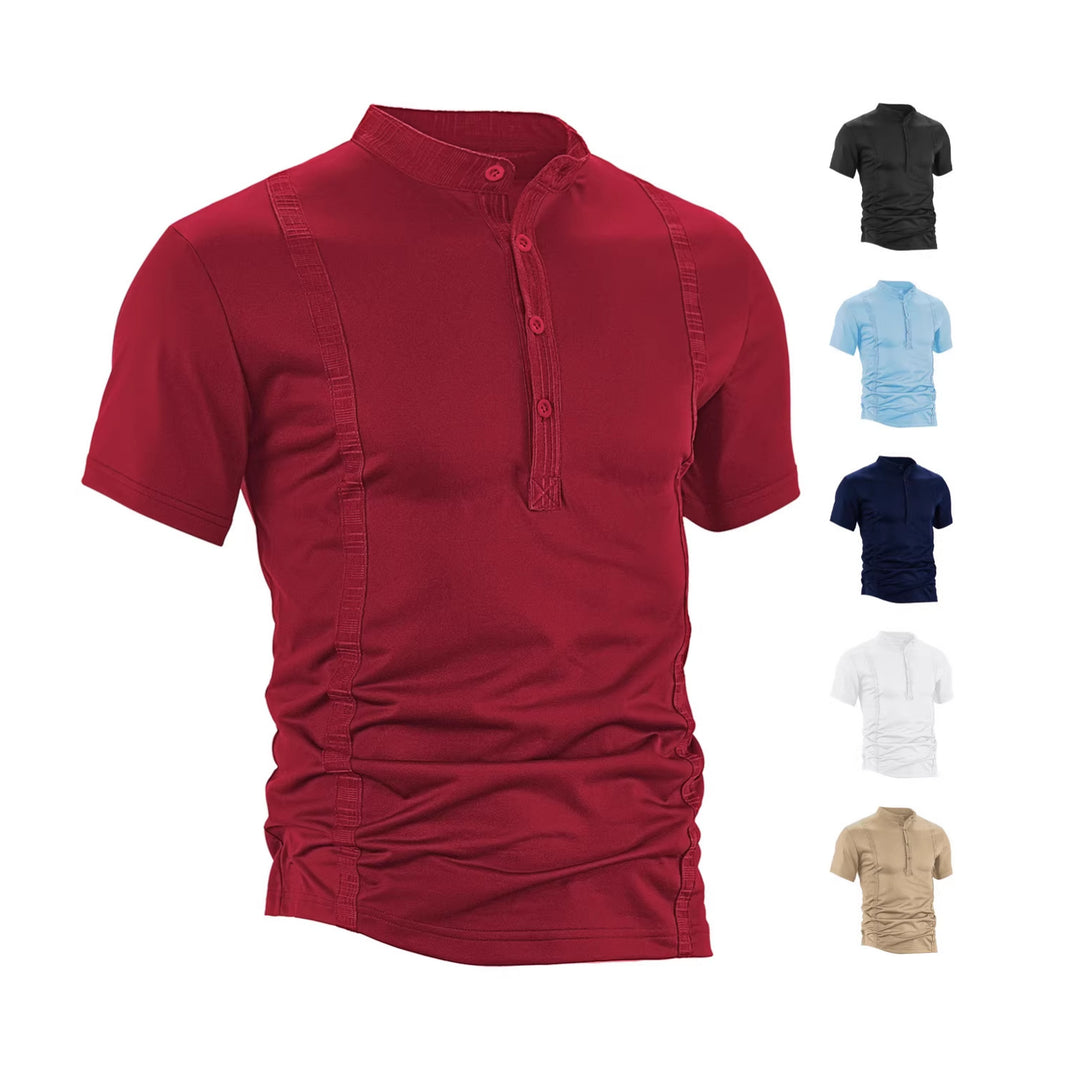 Men's short sleeve stand collar shirt with concealed button placket, decorative piping and fitted silhouette StylebySassy