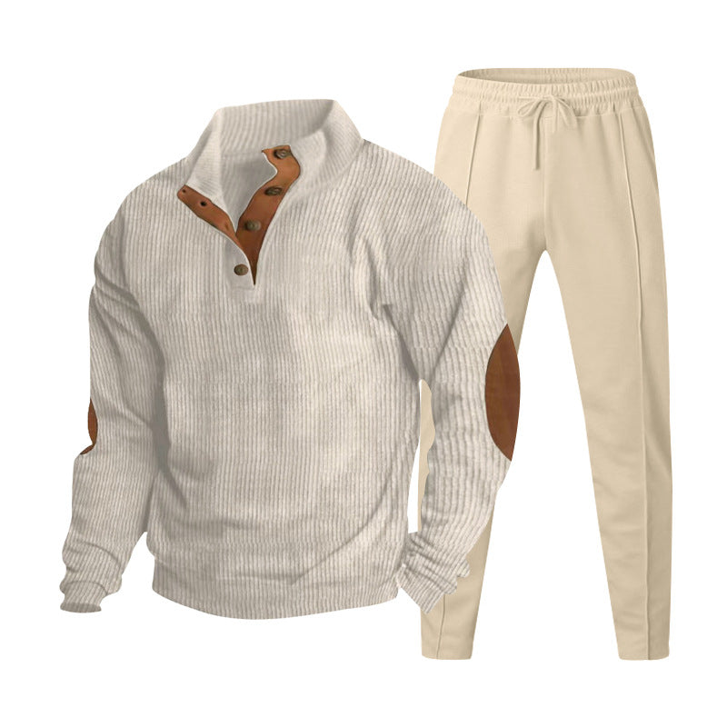 Men's ribbed Henley leisure suit with decorative button placket and suede elbow patches tapered joggers StylebySassy