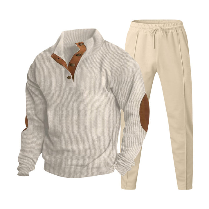 Men's ribbed Henley leisure suit with decorative button placket and suede elbow patches tapered joggers StylebySassy