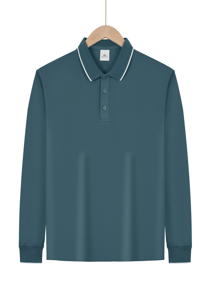 Men's long-sleeved pique polo shirt with contrasting piping at the collar and cuffs StylebySassy