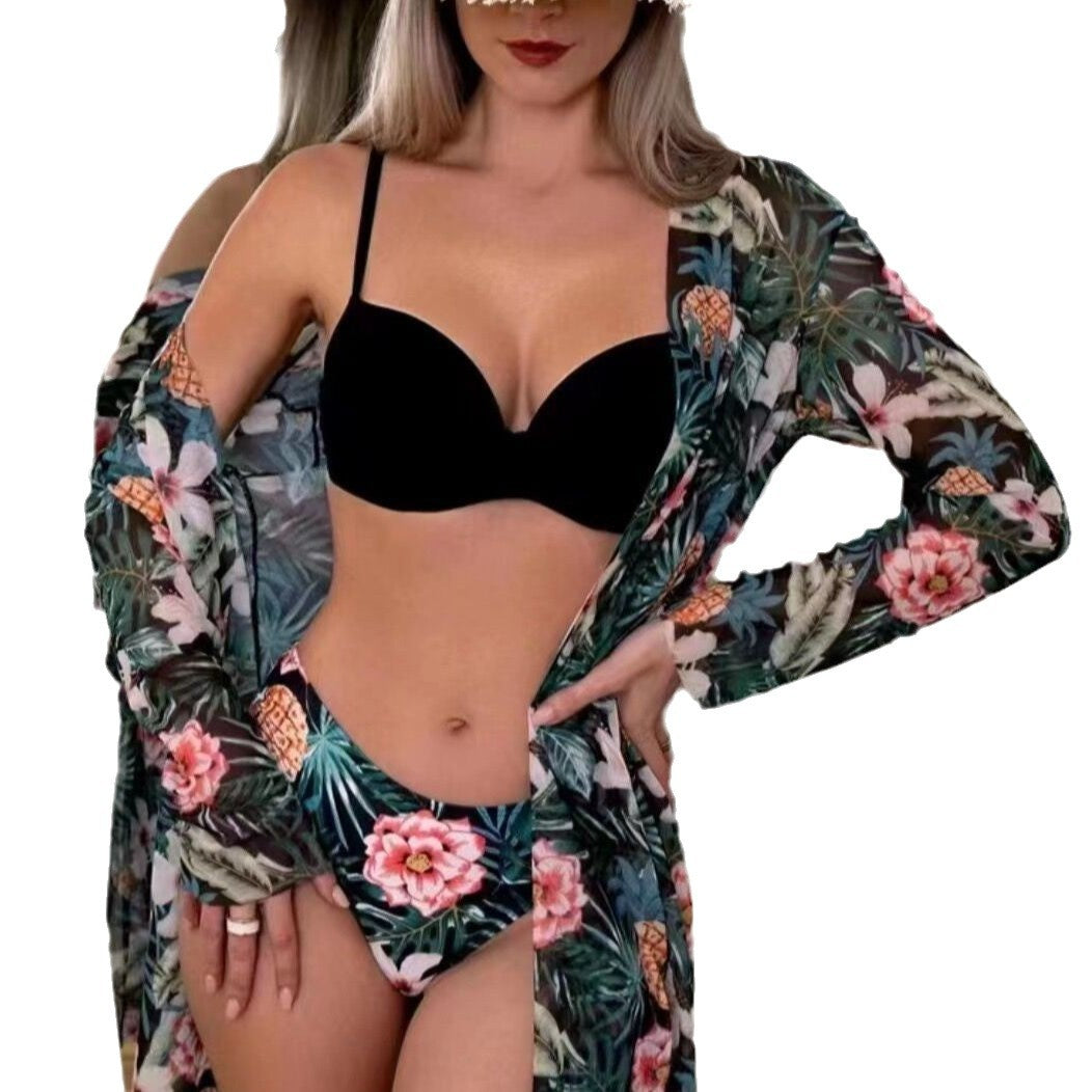 Women's beach bikini with floral embellishments and elegant kimono StylebySassy