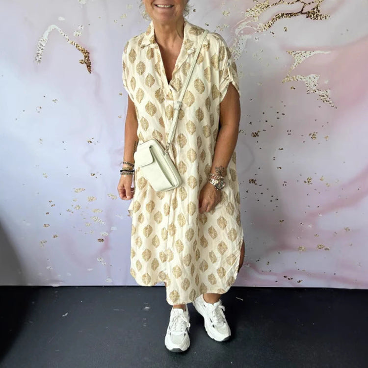 Women's NAN legeres Kaftan-mid dress with shirt collar V-neck short batwing sleeves and side insert pockets StylebySassy