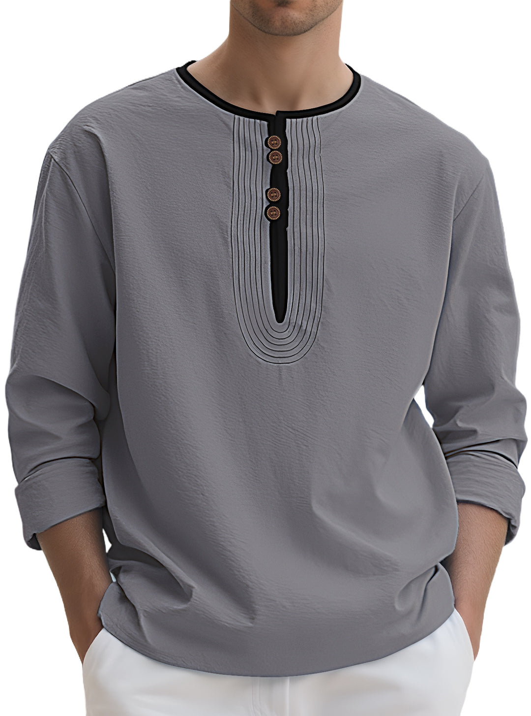 Men's loosely cut long sleeve kurta top with decorative pleats and wooden button placket StylebySassy