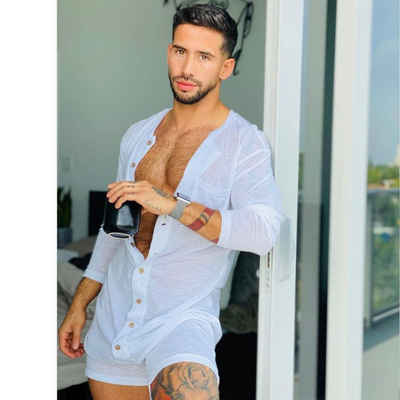Men's comfortable short overall with round neck, continuous wooden button placket and chest pocket StylebySassy