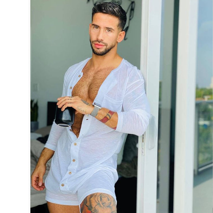 Men's comfortable short overall with round neck, continuous wooden button placket and chest pocket StylebySassy
